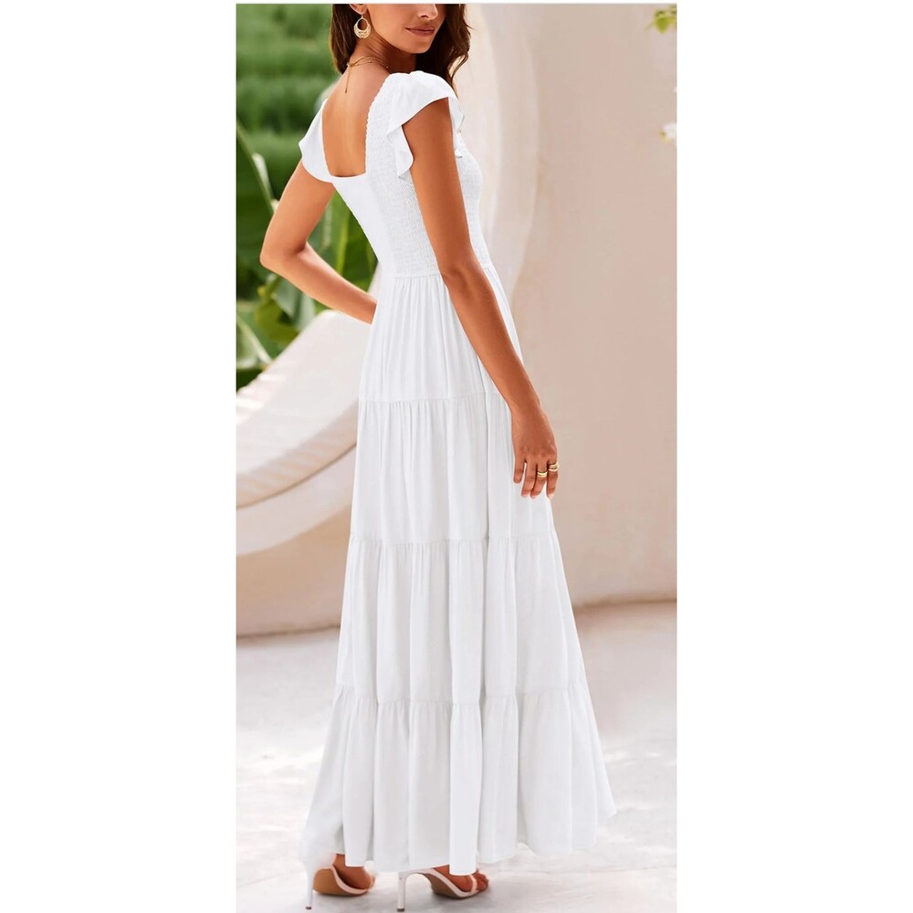 Pretty Garden Cottage Prairie Cap Sleeve Tiered Maxi Peasant Dress White NWT Lrg - Picture 4 of 6